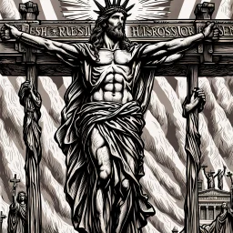 crucified on the cross christ liberty hybrid tone, american flag robes, line tone ,woodcut, engraved, wall street journal style, statue of cruicified Jesus of Liberty with a beard and wearing a cross and hanging from a cross, The statue male, hyperdetailed intricately detailed photoillustration ink drawing dystopian 8k resolution entire body of the statue is in the picture. digital illustration telephoto lens photography , same colors as the us treasury's one dollar bill, crucified"