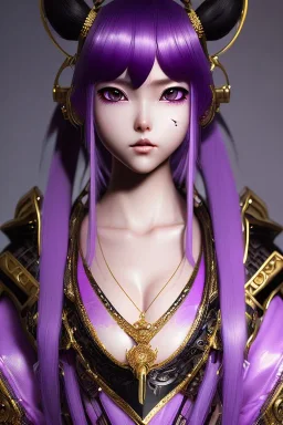 Detailed cute anime Kunoichi girl, purple hair buns, purple bangs, latex bodysuit, intricate details, full body portrait, keep head in frame, slight smile, black Japanese motif, concept art, highly detailed, digital painting, concept art, sharp focus, illustration, art by Yoji Shinkawa, WLOP and greg rutkowski and alphonse mucha and artgerm and yanjun Chen and Junji ito and Makoto Shinkai, HDR, octane render