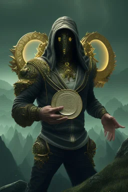 running berserker portrait , no face, black jogging suite , in the night Alps , holding coins , angels background, volumetric gold light, high detail, dark leaf tree, dark mountains in background, perfect, HR Giger style