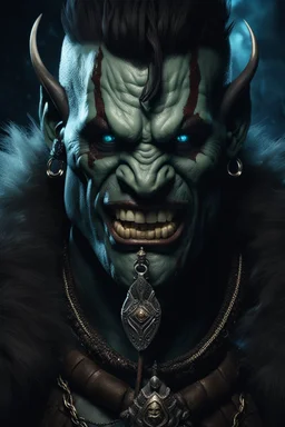 portrait of an orc king. Tusks emerging from bottom lip. Dark braided hair and ice blue eyes. smiling. Half of his head is shaved. wearing jewellery. Carrying a battleaxe. High resolution. 4K. 8K. Dark Fantasy style. Cave in the background