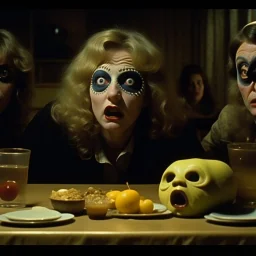 Spooky, ultra realistic distress, dining, ultra realistic hot woman, nose, giant eye on a table, organic hot bondes, dynamic, anguish, excited and lively scene, hypermaximalist figures, Creepy the Ring Alfred Hitchcock, Sam Raimi, insanely detailed, sinister, John Carpenter, Dario Argento, ornate