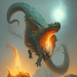 dragon kaiju, dnd dinosaur, fire lizard, crocodile, by gerald brom thomas kinkade