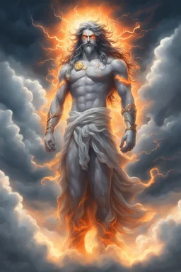 full body picture of a "god of the weather" who has long hair made of clouds. he also has glowing orange eyes that look like they're 2 suns. his body is made out of storm clouds with bits of lightning inside, his body also has glowing orange cracks all over it that look like they're made of the sun. he has greek god clothes on that are completely made of ice. realistic 4k