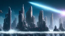 ((high contrast)), ((dystopian)), towering mechs and giant alien ships loom over a devastated cityscape, as human resistance fighters armed with energy weapons mount a last-ditch effort to repel the invasion,A wooden boat floating serenely on a crystal clear lake surrounded by snow-capped mountains , with a single fisherman sitting calmly in the center, his line cast towards the distant shore. The sun sets behind him, casting a warm orange glow on the surface of the water and the surrounding sno