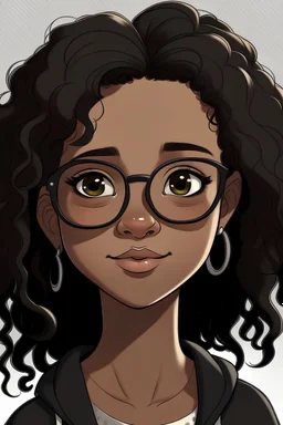 Make an 11-year old girl with light brown skin and thick, medium, black and curly hair with thick black glasses, a long head and a round chin.