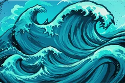 a background of a fun stylized waves with smooth black linework, blue teal tones, surf culture, parody of "the great wave", kawaii manga
