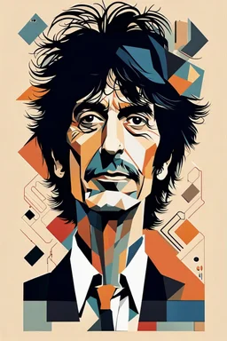 a highly detailed, abstract flat geometric portrait illustration of Ronnie Wood in the minimalist style of Willi Baumeister, Federico Babina and Petros Afshar, sharply detailed and finely lined, in vibrant natural colors