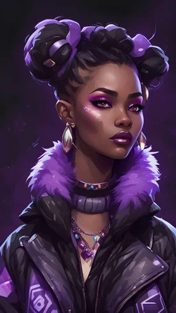 arcane tv show style, league of legends, solo, 1girl, attractive teenager, african, dark skin, dark-brown eyes, black hair, pair buns, (violet strand in forehead bang), bullet necklace, earrings, modern makeup, (detailed skin texture), black oversize puffy jacket with fur collar, black top with acid-violet abstract print, dark background, bokeh