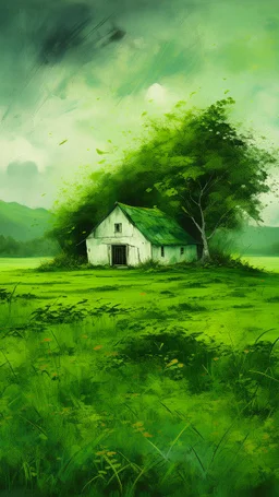 Painterly. Abstract. A cottage with a moss covered roof in a clearing. A willowy androgynous . Anomalous green cloud issuing forth from the heart. Simple yet majestic