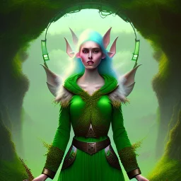 spray painting fantasy art, portrait cute elven priest with green clothes standing in portal to forest world from dry desert world with wind,poetry book illustration