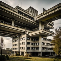 Brutalist flat in the outskirts of a big city, schizophrenic, paranoic, strong texture