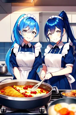 girl, masterpiece, best quality, cinematic lighting, detailed outfit, perfect eyes, blue hair, long hair, white eyes, ponytail, maid, indoors, cooking, food, smiling,