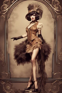 Full Body, burlesque Woman looking to the right, With A Bob With A Fringe Hairstyle, flapper Clothing, Steampunk