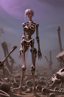 a bone yard with a tall android woman standing at the top of a pile of bones