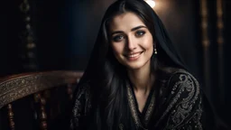 Hyper Realistic Photographic close-up view of Young Beautiful Pashto Woman with beautiful eyes, beautiful lips & beautiful long black hair wearing black embroidered dress with black-embroidered-shawl happily smiling & sitting on a rocking-chair inside a dark room with moonlight-rays-on-her-face showing dramatic & cinematic ambiance.