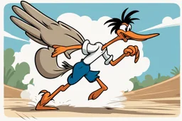 road runner running towards the right side, leaving behind a cloud of dust. style of looney toons cartoon