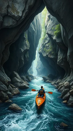 Bosch painting style, 3D multi layers caves where the a river stream, a man in kayak boat in a fast water
