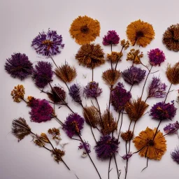 aesthetic layout of small dried flowers bouquet on white textured paper, beautiful composition, vintage, tender, mild colours