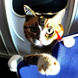 Gato sentado em uma poltrona de avião, foto realista