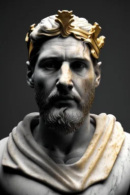 Ultra Realistic image, Roman sculpture, white marble material,Lionel Messi, gold crown of natural thorns, god crown, gold veins, gold ornaments, Renaissance style, sun rays background, waist up portrait, epic, celestial, cinematic lighting, God lights, 4k resolution, smooth details, soft lighting, unreal engine 5, art station, substance 3d.