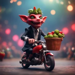 heavy metal kobold strawberry beast business man on motorbike on concert stage with long eyebrows holding a basket of berries ,bokeh like f/0.8, tilt-shift lens 8k, high detail, smooth render, down-light, unreal engine