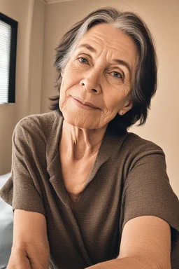 A selfie of a brunette woman, middle short hair taken after massage at spa salon. showing attractive 67-year-old European woman. (She has white skin, tousled black hair, pretty face without makeup, big round brown eyes, cute profiled nose, detailed full lips, skin texture.)