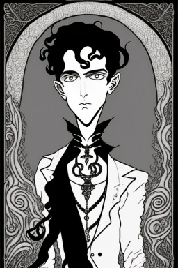 black haired young man necromancer wizard with gothic jewelry and tentacle fingers in the style of Aubrey Beardsley