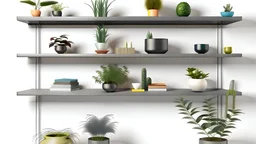 Realistic Three shelves placed in the air. The items on the shelves are in different colors. Add one or two potted plants to each shelf. add a few knick-knacks on each shelf