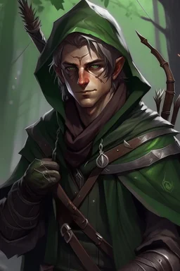 35 year old male rogue elf, thief assassin, messy mauve hair, bright green eyes, brown skin, black hood, black leather, messy, disheveled, trees, sneaky, bow and arrows, long and lean