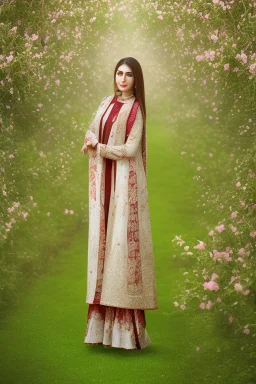 full body shot of very nice real face beautiful Ayeza Khan with make up standing in garden of Pomegranate and pear trees blossom, The almond trees wither, It's spring and it's summer, spring with green plants covering ground.