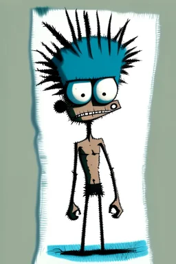 2d drawing of a stickman, cool with punk hair, x eyes like in hangman, no shirt in only a towel,standing with folded arms, 3d realistic in colour