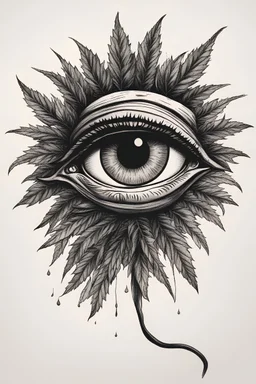 A vintage style drawing in black ink on white background of a simple tired high on weed eye