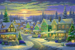 Christmas winter wonderland, old village, evening, soft colorful lights, decorations, professional award winning masterpiece, acrylic, detailed, realistic