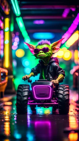 portrait of clone Hairy Gremlin myth buster pimp ninja yoga cyber punk in drifting hipster lawn tractor parked in dark neon lit reflective wet arcade hall tunnel,bokeh like f/0.8, tilt-shift lens 8k, high detail, smooth render, down-light, unreal engine, prize winning