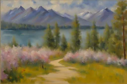 Mountains, lake, flowers, pathway, pine trees, clouds, lesser ury impressionism painting