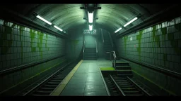 GAME CONCEPT ART .two poin perspective.Station platform and stairs .Inside the old subway tracks, . Low light and closed green moss walls. Like the original design of the game space ,digital art.landscape,far camera old painting,2 Chen and George Hopper, Rembrandt lighting, a dark green color scheme, ethereal light. --ar 13:16 --v 6. 0 metro game