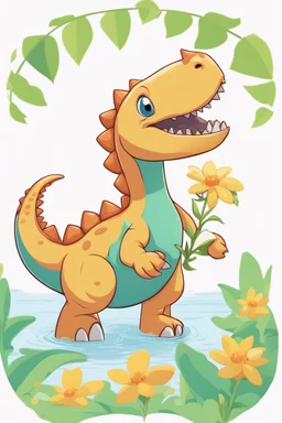 cute dinosaur colored with basic colors, full body, defined lines, no shadows, white background, clear and well, without shadows, this dinosaur is eating flowers in the border of lake