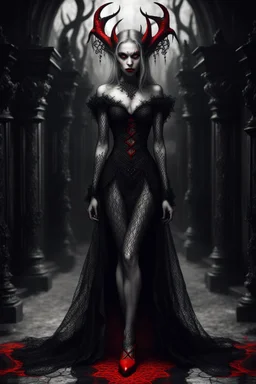 black and white digital art from a demonic dark elf queen in black lace dress and red shooes, , crepy stunning , she looking defiantly in the camera , high detalied, realistic, dark fantasy, thriller, cinematic