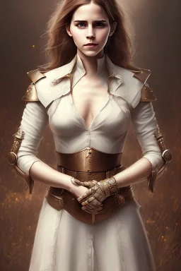 full body, emma watson identify face, leather armour , big busty , pintura, ,details,texture,8k quality, florest, Minimalism, Romanticism, Expressionism, Impressionism