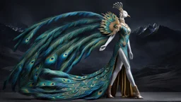 A majestic figure with a bird-like head and long, flowing feathers that resemble a peacock's tail. The figure stands against a dark, mountainous backdrop. The feathers are vibrant with shades of blue, green, and gold, and they spread out dramatically, almost as if they are in motion. The figure's body is adorned with intricate patterns and designs, and it wears a long, flowing dress that mirrors the colors and patterns of the feathers. The dress has a high slit on one side, revealing a leg.