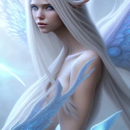  beautiful, soft, smiling, blue atmosphere, long straight blond hair, big fairies wings in the back