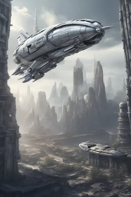 a photorealistic sleek silver spaceship flying over a futuristic ruined city