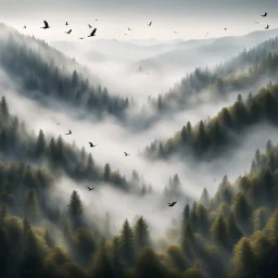 Hyper Realistic areal view of forest on mountains with thick fog with birds flying