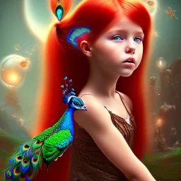 red hair little girl in a fantasy world holding a peacock