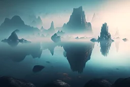 distant city, sea, mist, rocks, lake reflection, epic