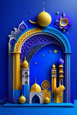 Create a 3D ramadan theme poster in purple, blue and yelow scheme with many islamic decorations on the edge of poster and a crescent on the top. Make sure the middle of the poster is blank