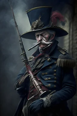 70 years old victorian bloodborne soldier with a musket and cigarette