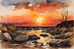 Sunset, rocks, mountains, rocky land, epic, winslow homer watercolor paintings