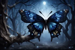 a dark gothic butterfly with stunning black velvet wings landing on an old tree's dry branch, around silver glitters, mystic mood, dark blue night, pale light, masterpeace illustration