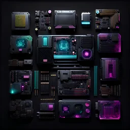 computer components, cyberpunk style, black background